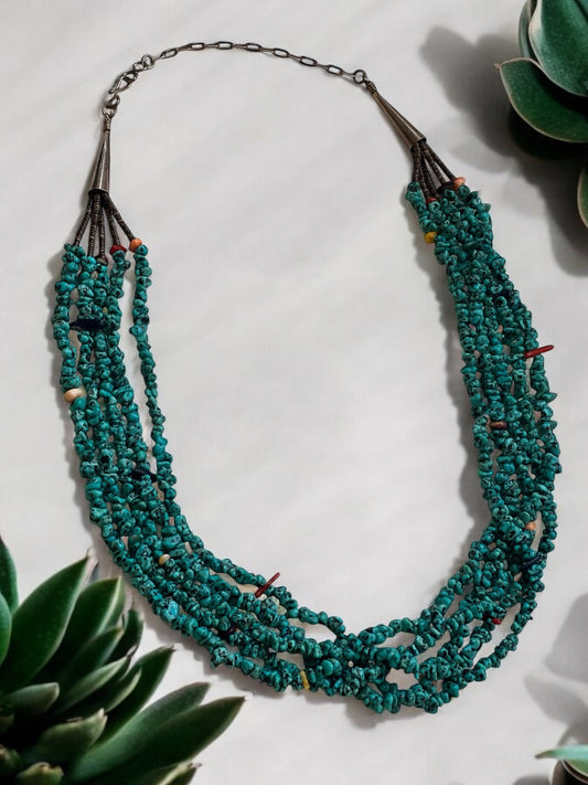 Anna Begay Turquoise nugget, coral and lapis 5 strand necklace