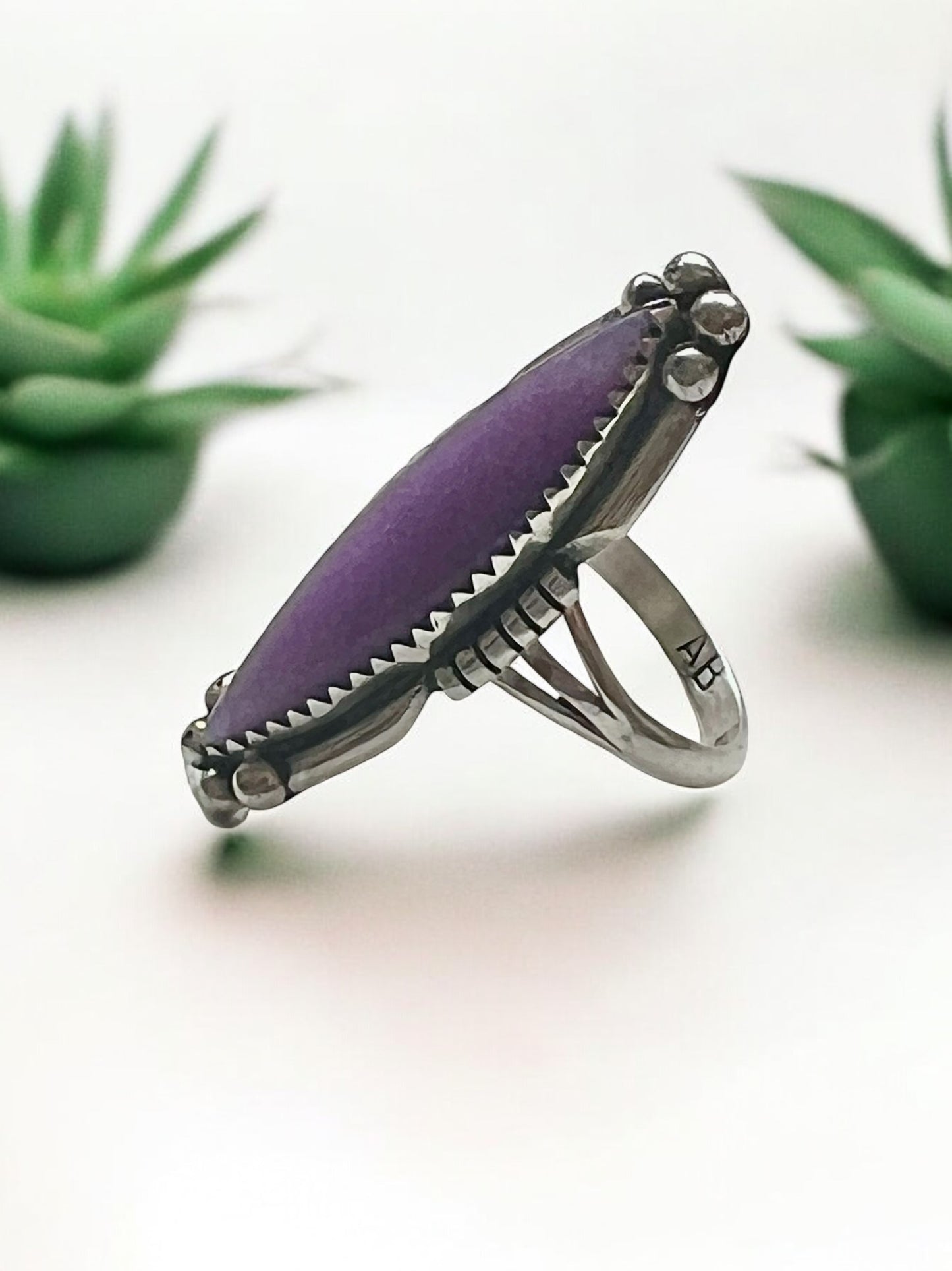 Anna Begay sugilite navette sterling silver ring