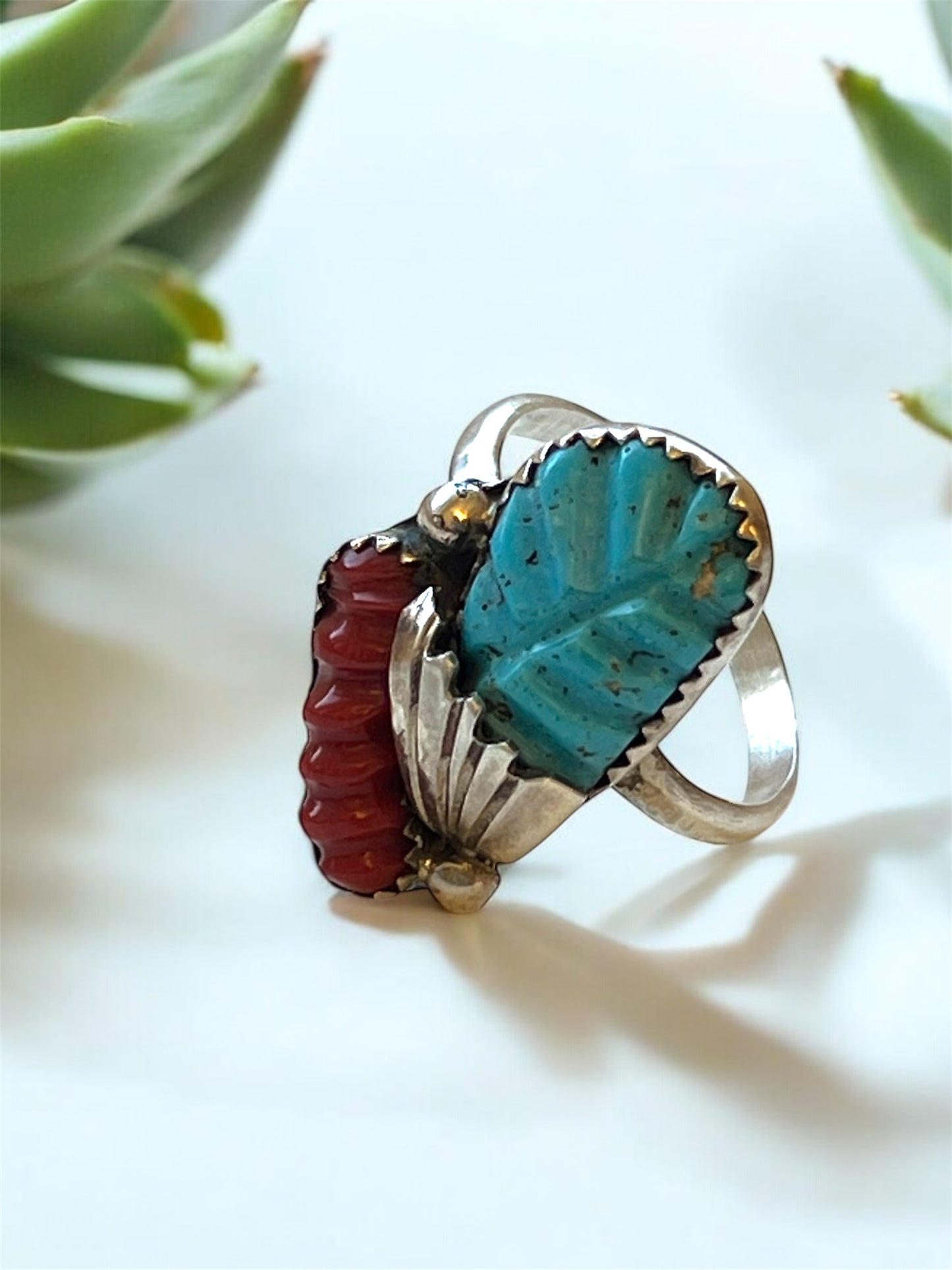 Loyalita Tsatte Zuni Sterling Silver,Carved turquoise and coral ring