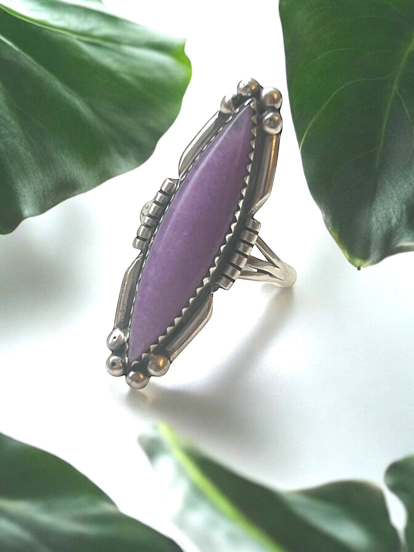 Anna Begay sugilite navette sterling silver ring