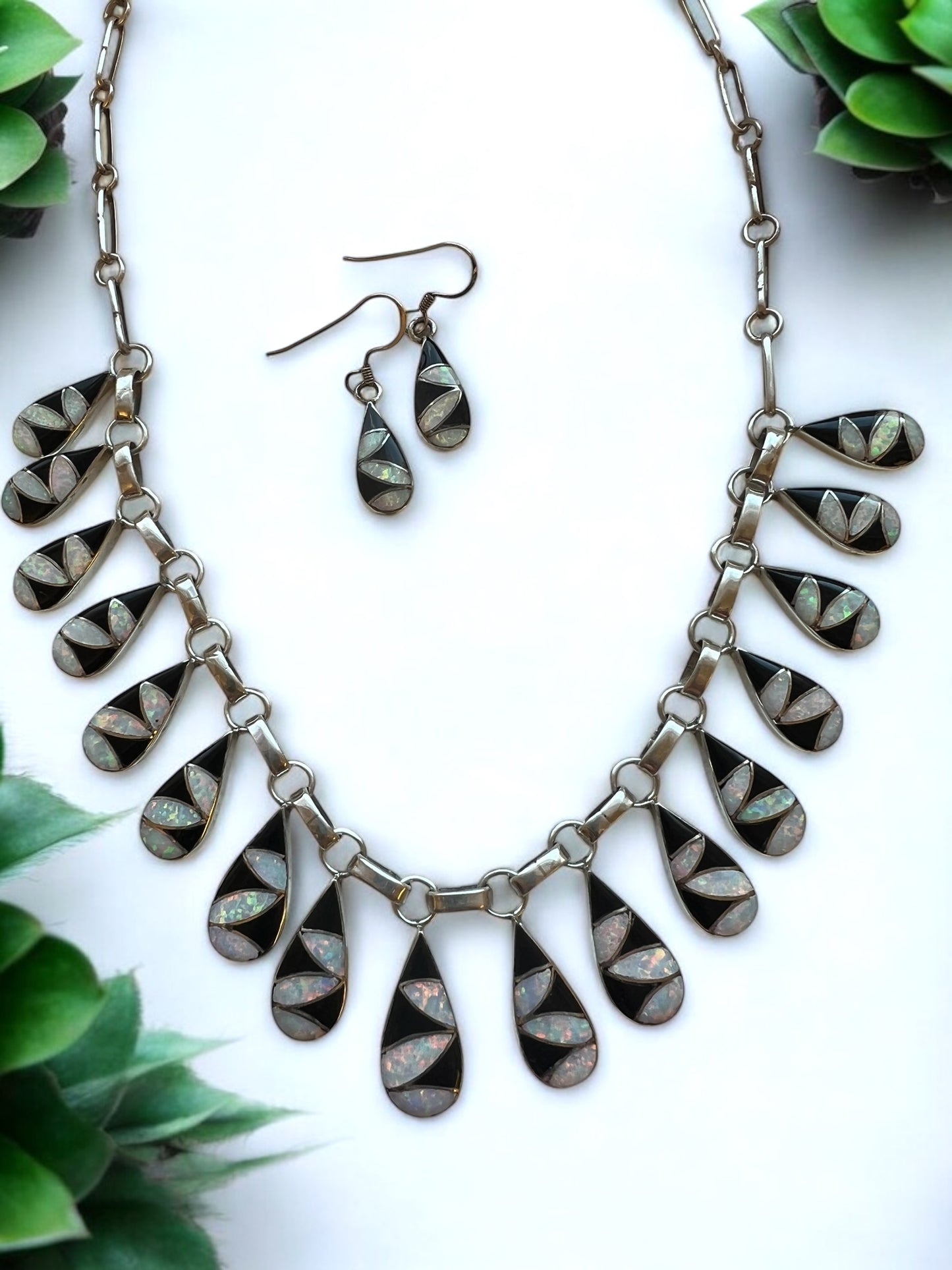 Orlinda Natewa Sterling Silver Onyx, and synthetic opal necklace and earring set