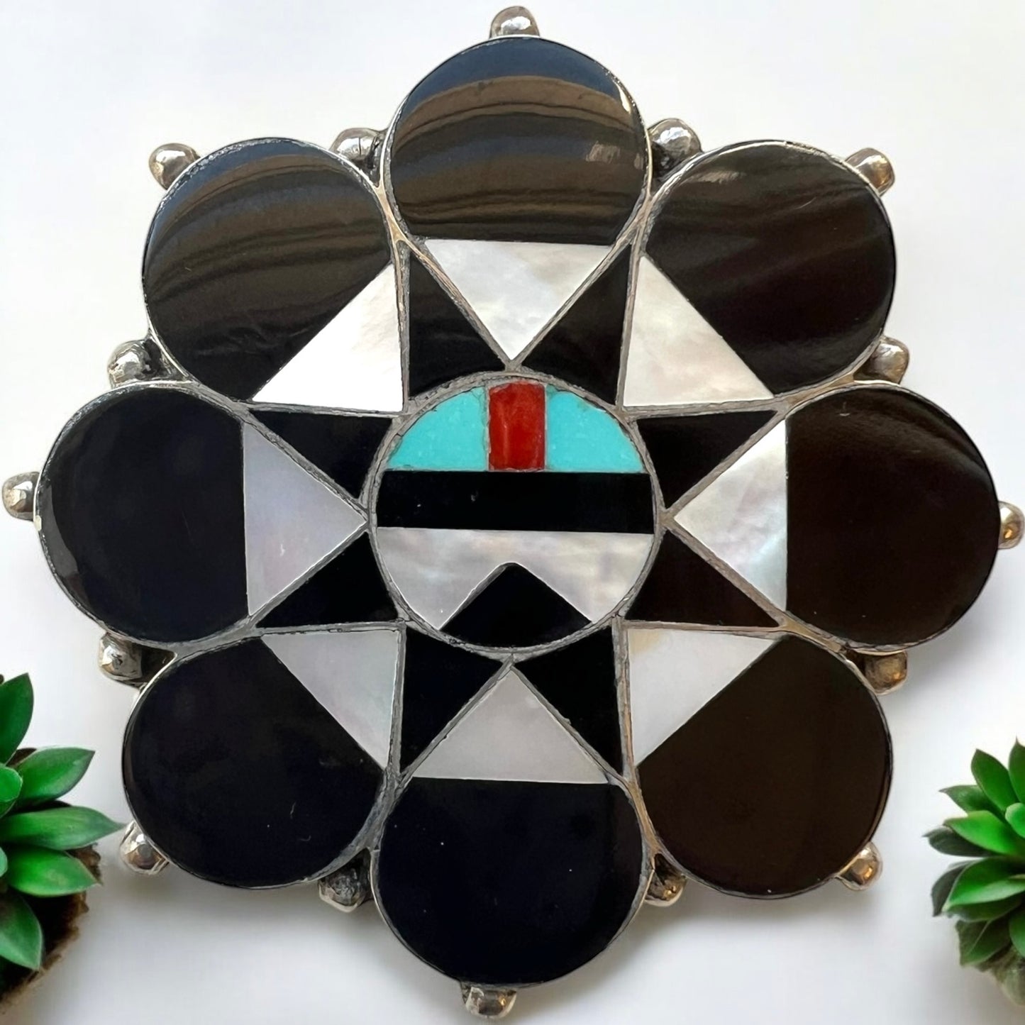 Allison Dishta Zuni Sunface Inlay convertible pin and pendant