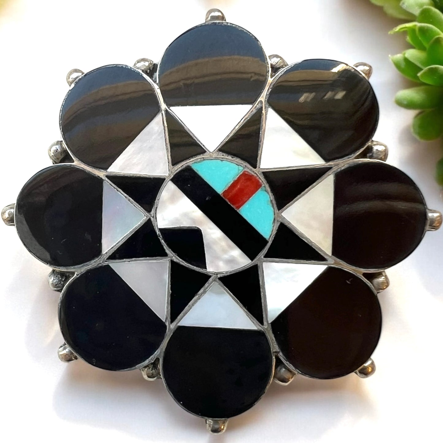 Allison Dishta Zuni Sunface Inlay convertible pin and pendant